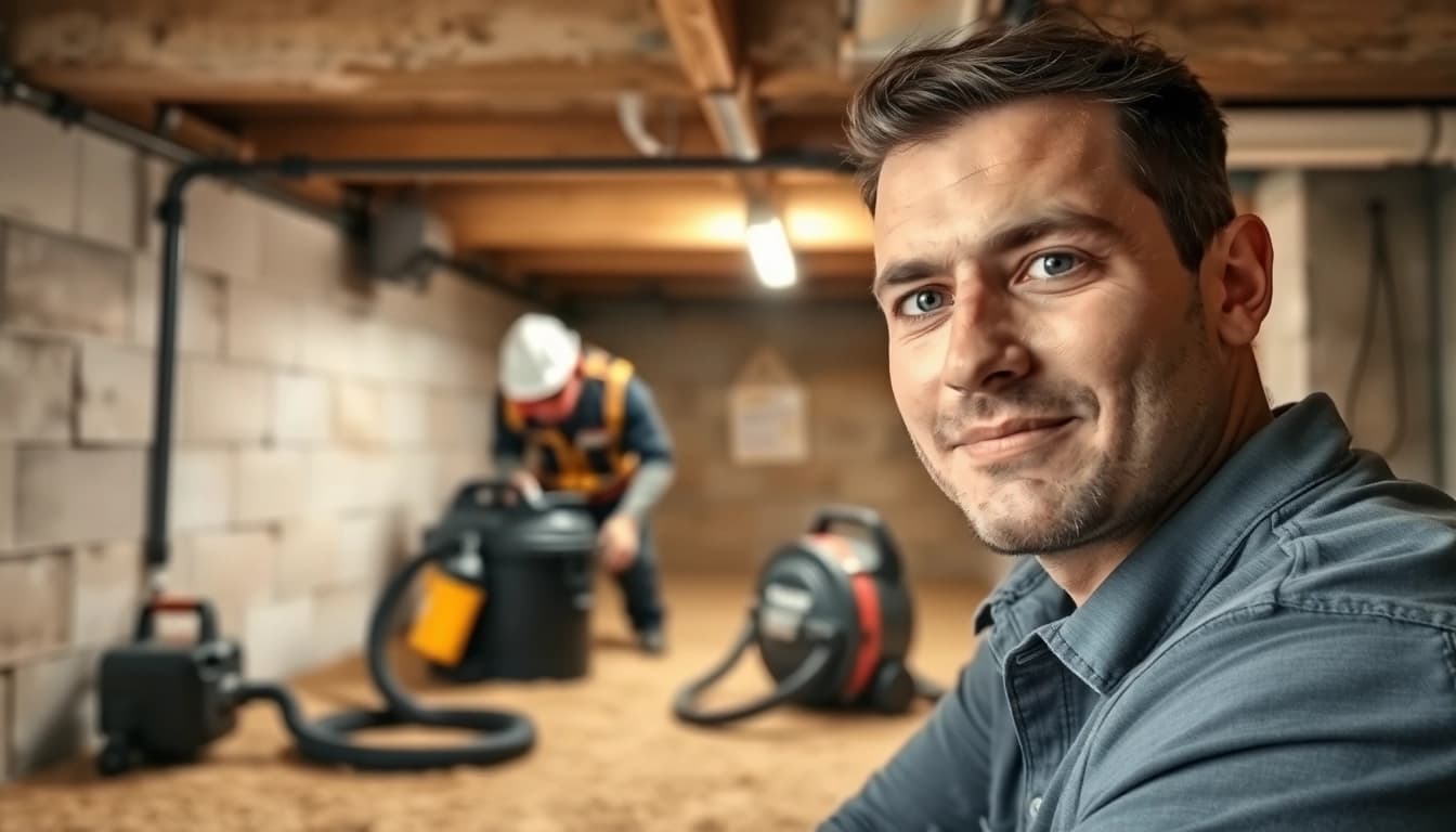 http://newleafcrawlspace.com technician performing a thorough inspection in a clean crawl space.