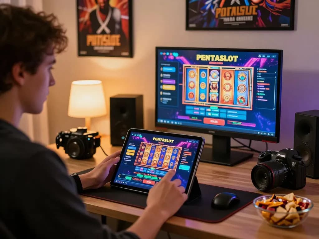 Player engaged with link pentaslot on tablet in a cozy home gaming environment, illustrating online gambling excitement.