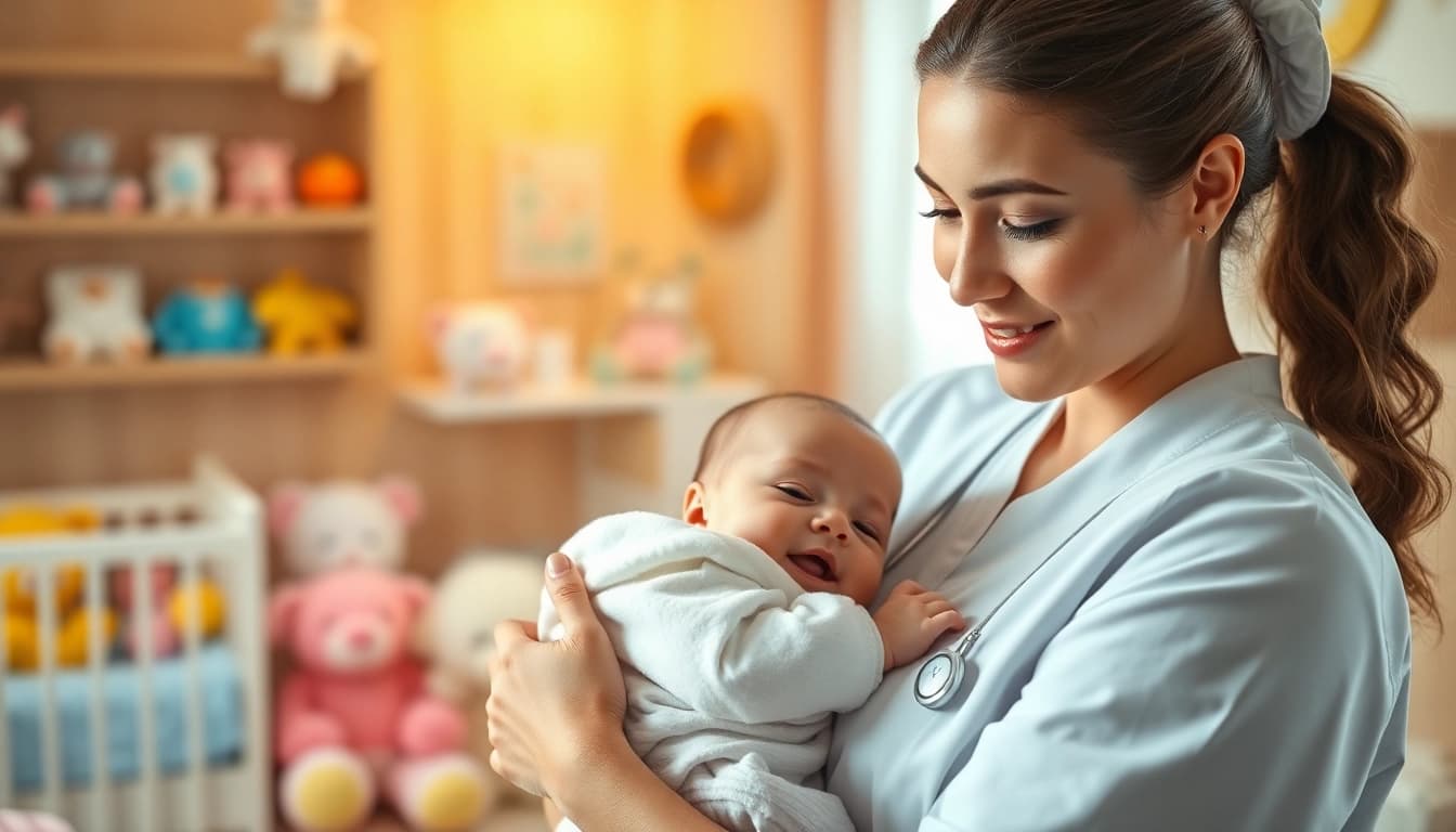 Infant care maid providing tender support to a baby in a serene nursery setting.
