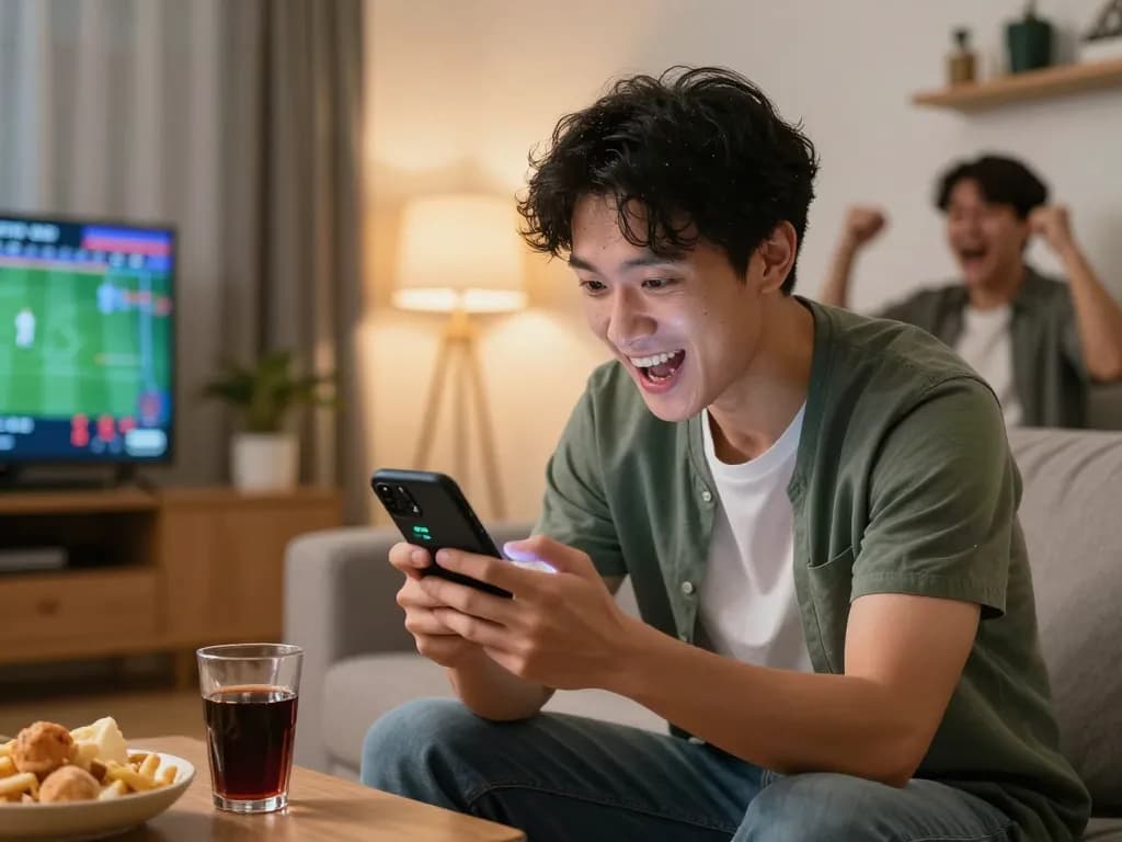 Engaged bettor utilizing rr88bet app for live sports betting in a modern home