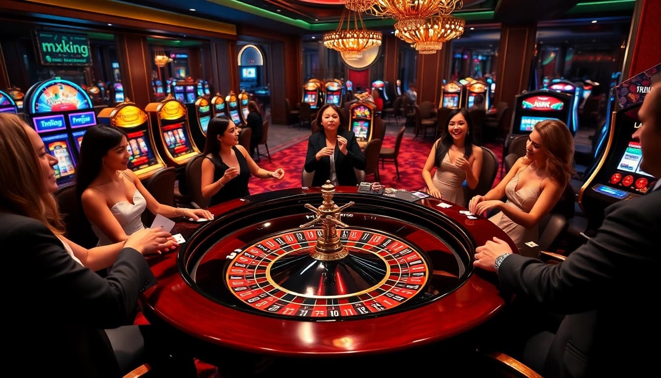 m.79king players engaging at a luxurious roulette table in an upscale casino