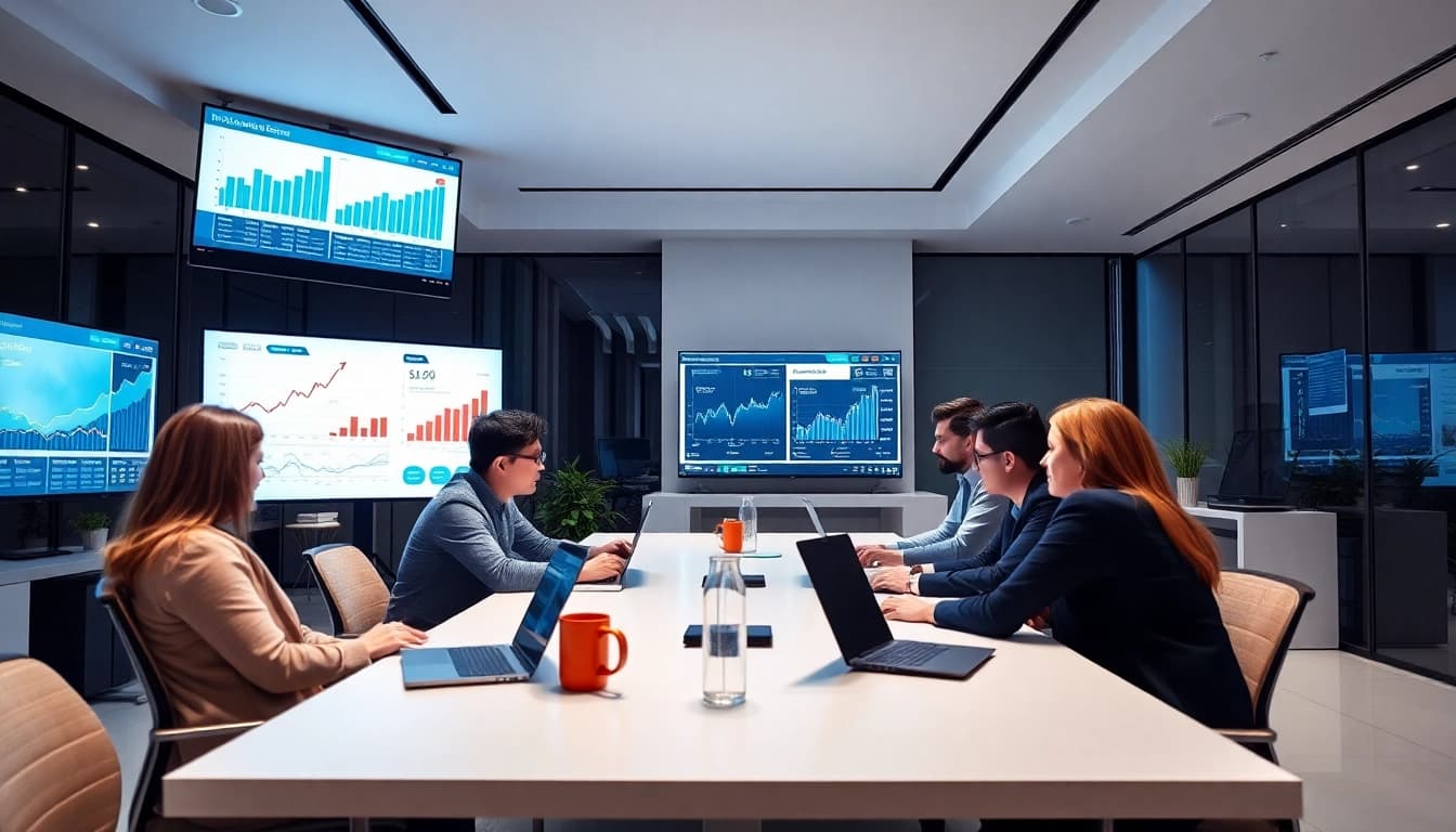 Engaging SEO company team analyzing data and strategies in a modern office setting.