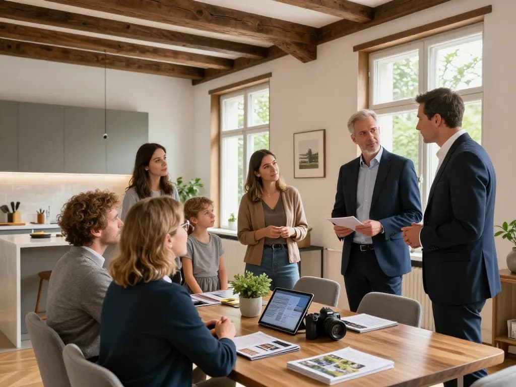 Immobilienmakler Frankfurt Sachsenhausen präsentiert einer Familie eine Immobilie in einer warmen, einladenden Atmosphäre.