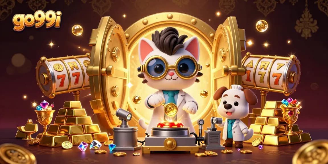Experience the thrill of winning with go99i's vibrant casino illustration showcasing a mad scientist cat and assistant.