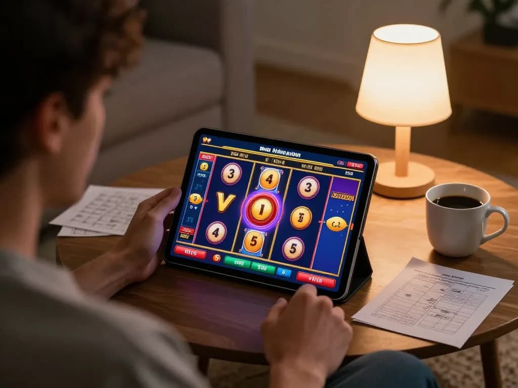 Player engaged in situs slot gacor game, excited by big wins on a tablet at home.