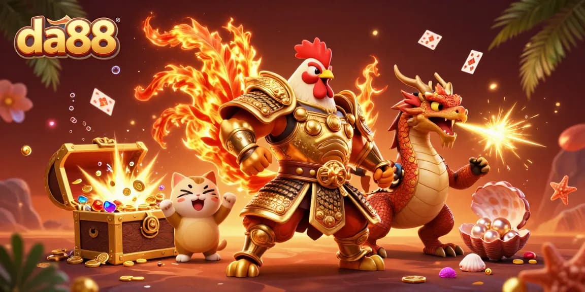 Engage with da88's thrilling casino action featuring a decorated rooster and dragon in an explosive scene.