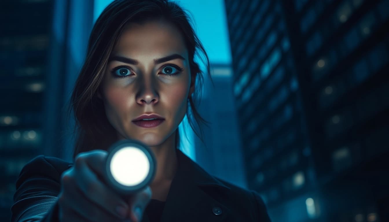 Engaging scene of a strong female protagonist in a clean thriller, showcasing urgency and determination.