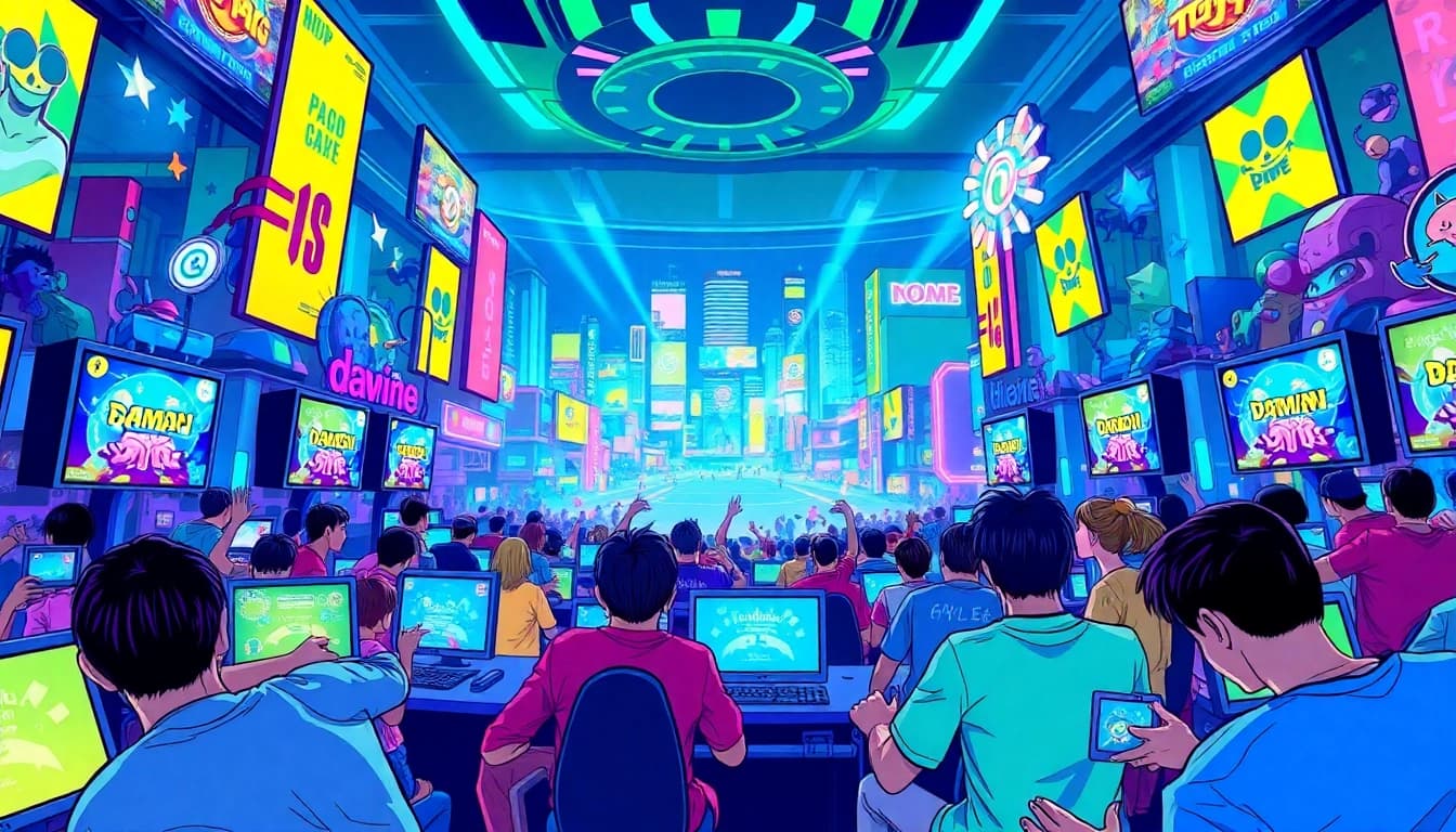 Players enjoying daman games in a colorful digital gaming arena, showcasing excitement and engagement.