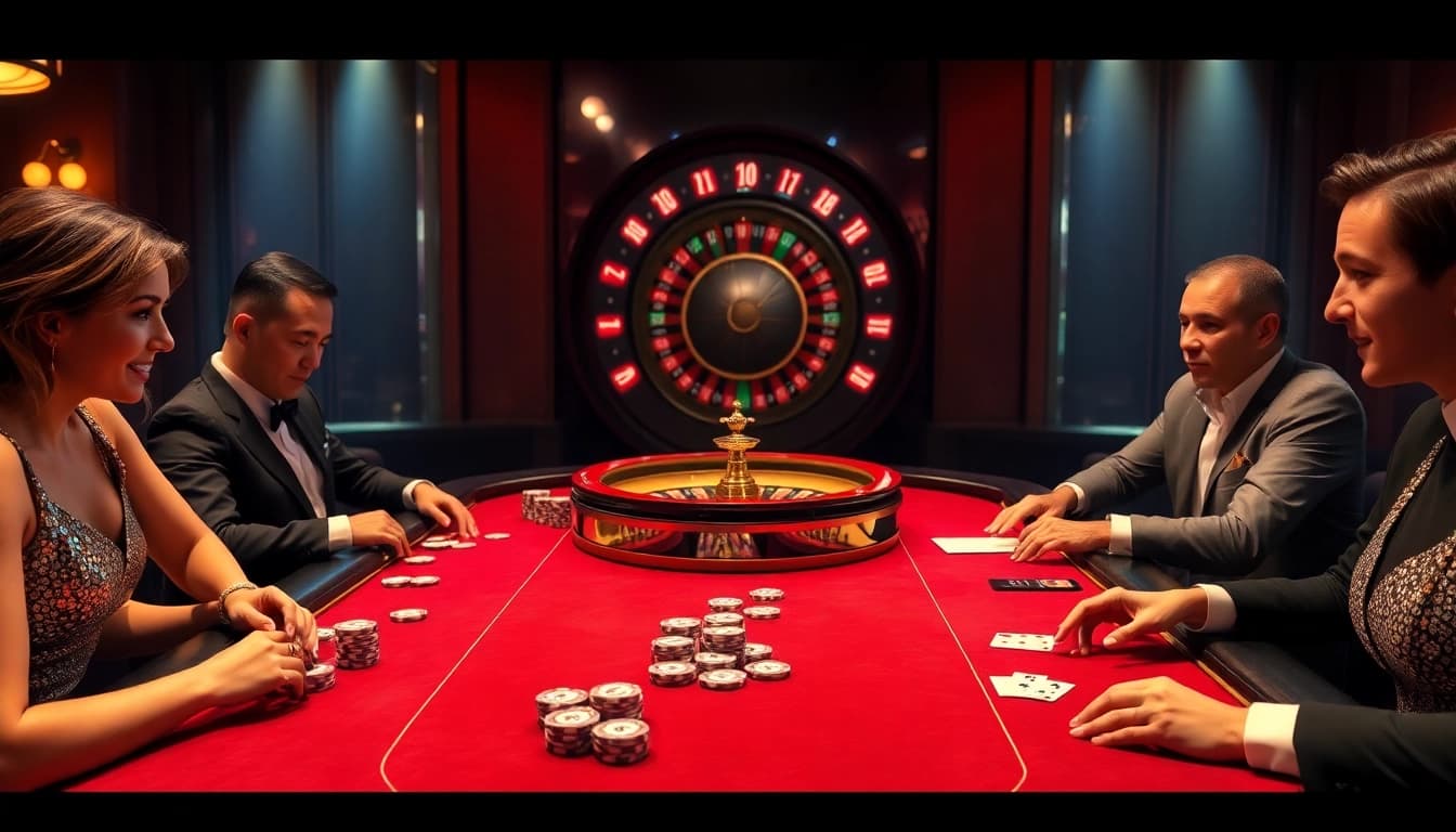 Experience the thrill of BL555 at a luxurious casino gaming table with players engaged in poker.