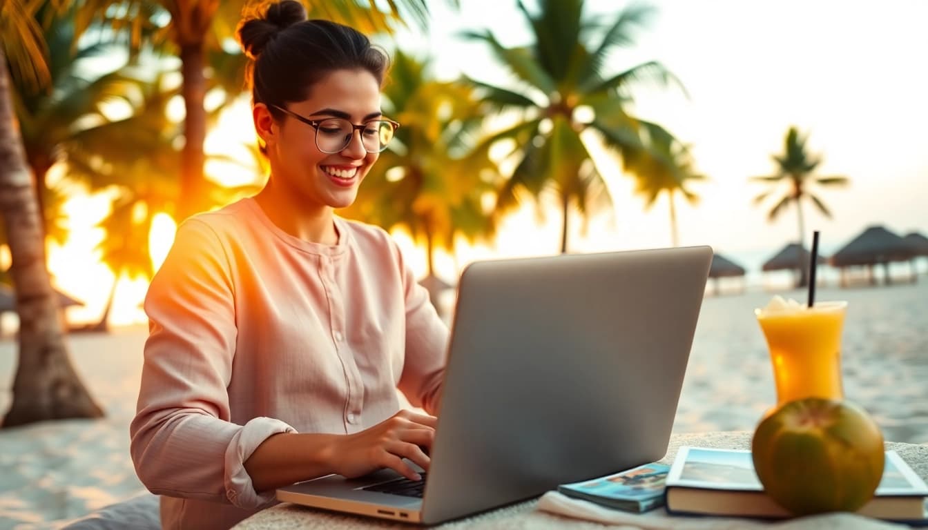 Travel blogger at a beach with a laptop, highlighting https://travelvixta.com adventure possibilities.