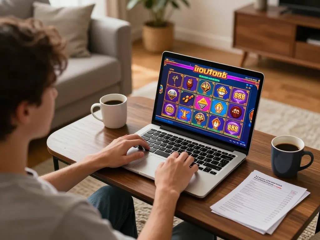 Engaging in สล็อต888 online slots while enjoying a cozy home atmosphere with betting notes.