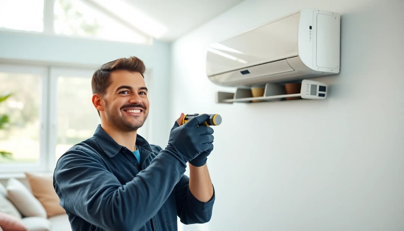 Install a mini split ac unit in a cozy room, showcasing a technician at work with a sleek design.