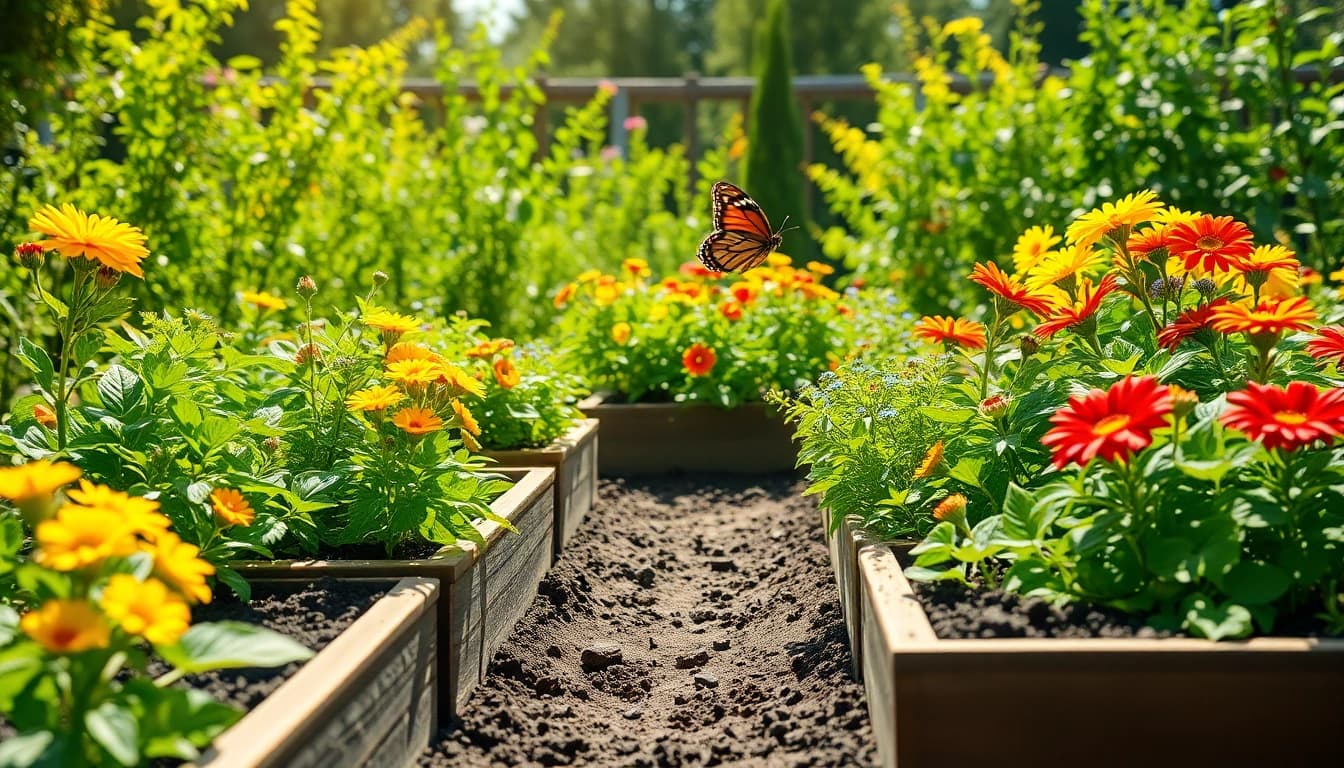 Gardening scene showcasing a vibrant backyard with flourishing plants and bright colors.