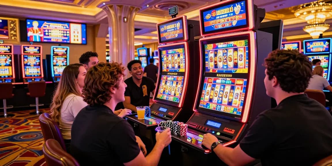 Excited players enjoying a slot game in a vibrant casino environment with colorful lights.