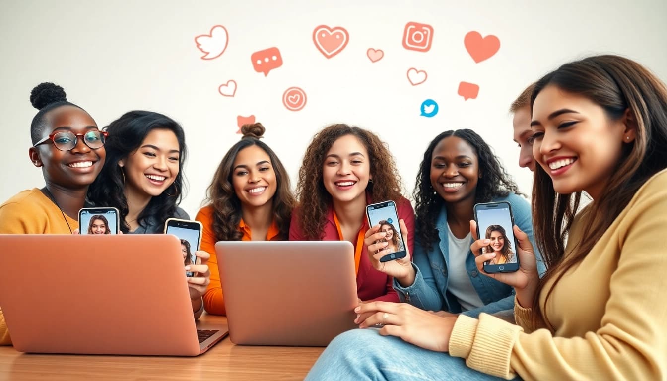 Vibrant scene of young adults using a profile picture maker to create stunning insta dp images.