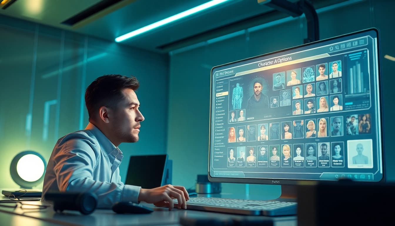 Interactive NSFW character AI engaging in a futuristic digital workspace.