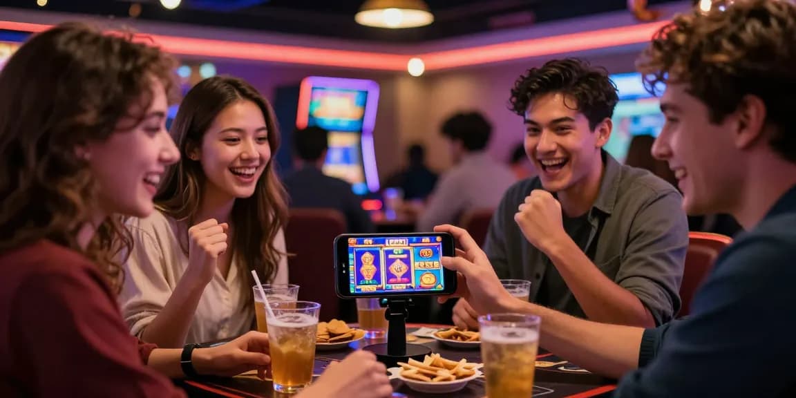 Friends enjoying apk slot game on smartphone in vibrant casino atmosphere.