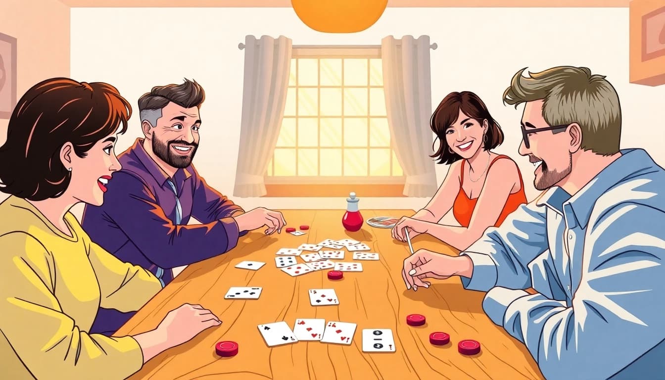 Rummy nabob players enjoying a thrilling game, showcasing vibrant cards and chips in action.