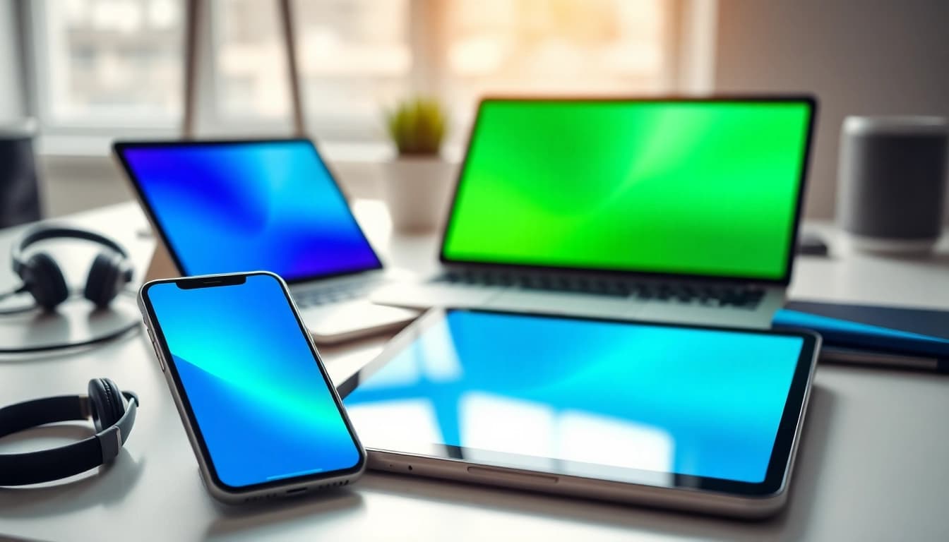 Showcasing innovative mobile apps on devices in a bright workspace environment.
