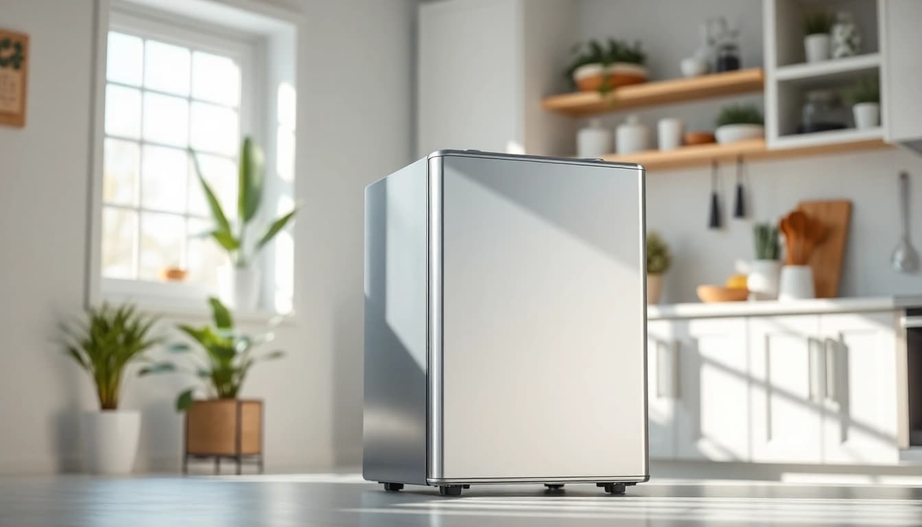Showcase a compact mini freezer in a modern kitchen, highlighting its sleek design and functionality.