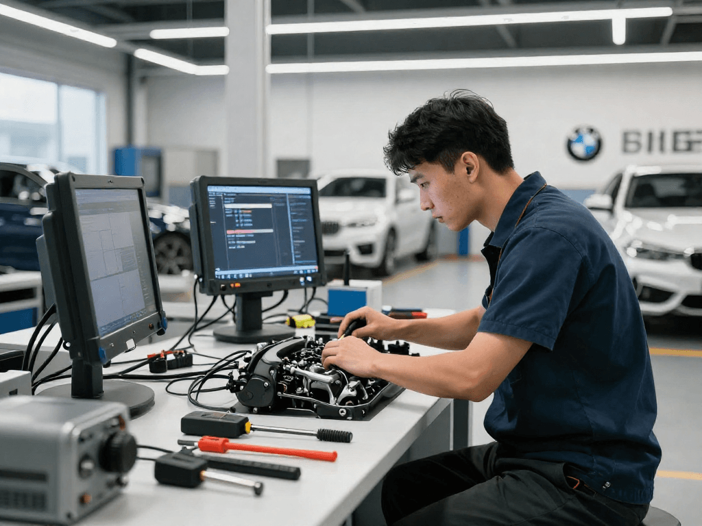 Professioneller Service in der BMW Werkstatt Hannover, Mechaniker arbeitet an einem Motor mit modernem Equipment.