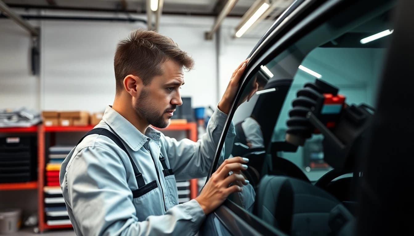 Technician performing side window replacement Colorado with precision and care in a bright garage.