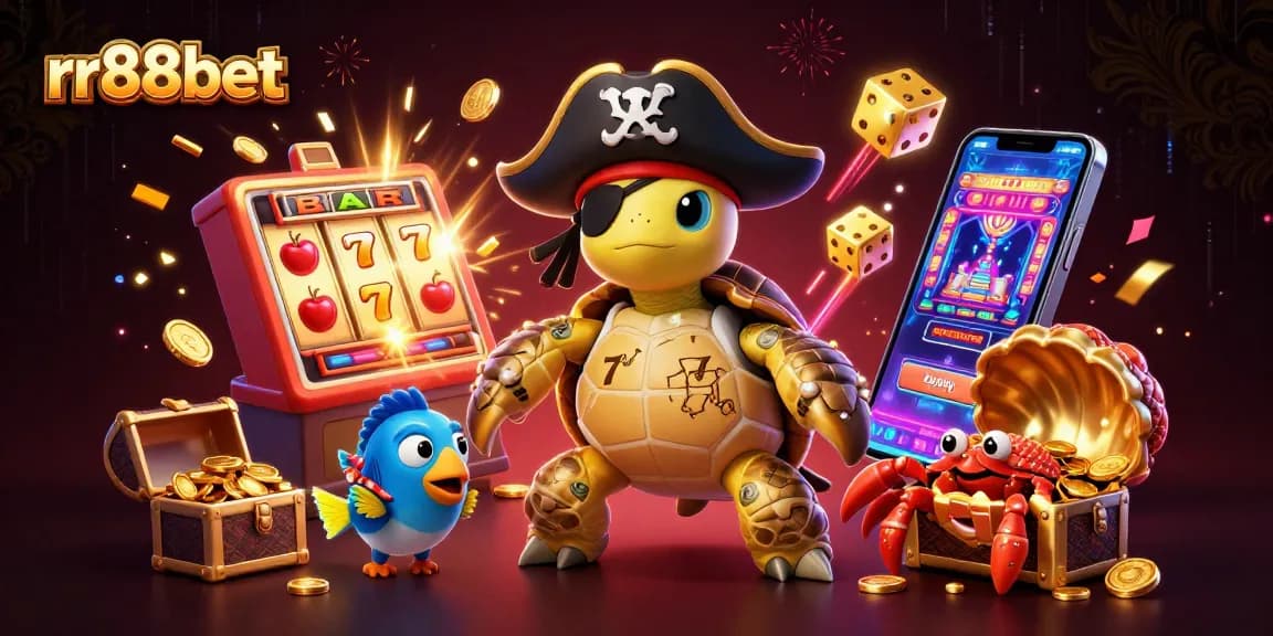 rr88bet showcases a dynamic pirate turtle with treasure amidst an explosive jackpot scene