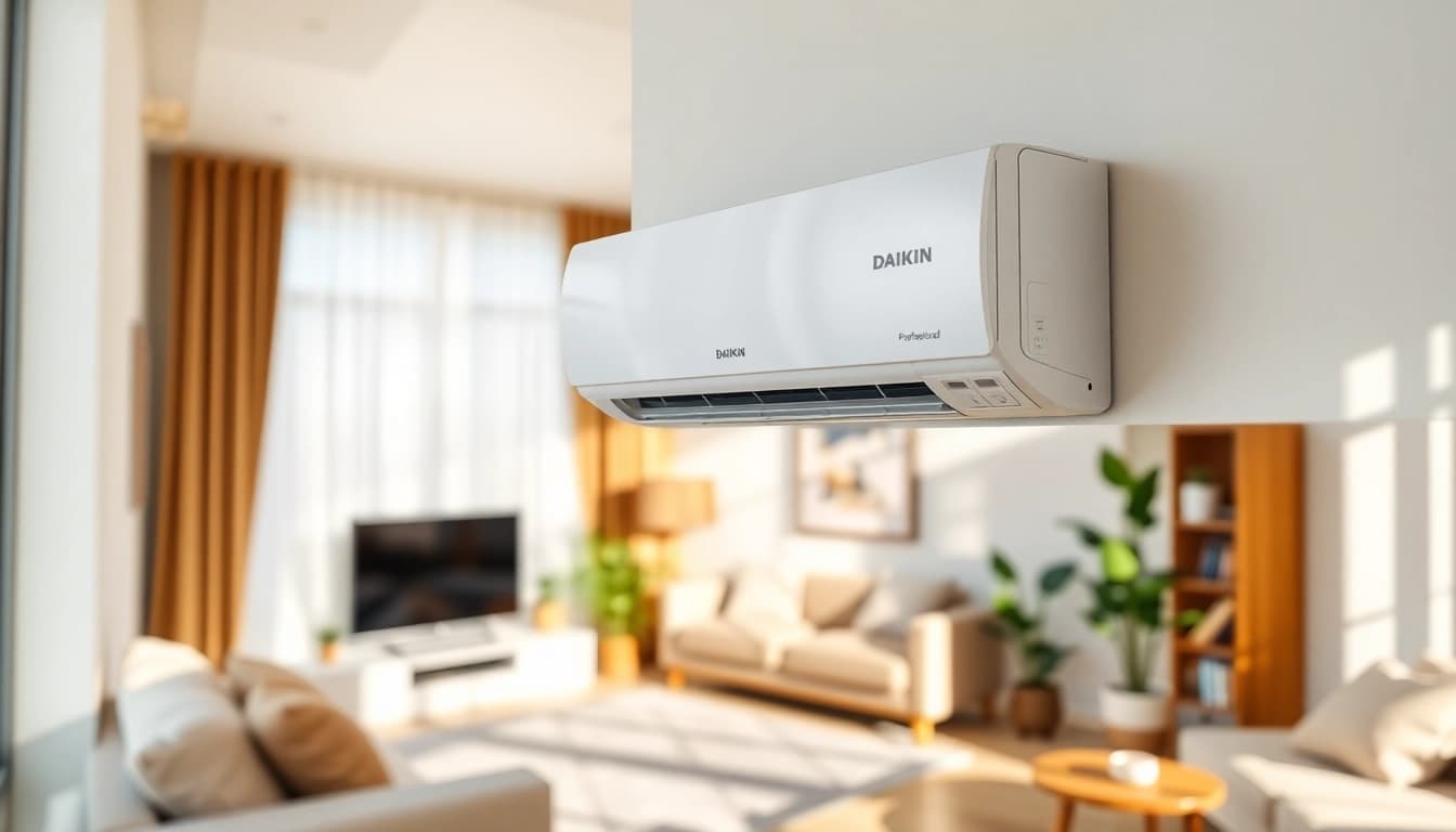 Efficient Daikin mini split ac unit seamlessly integrated into a modern living room setup.