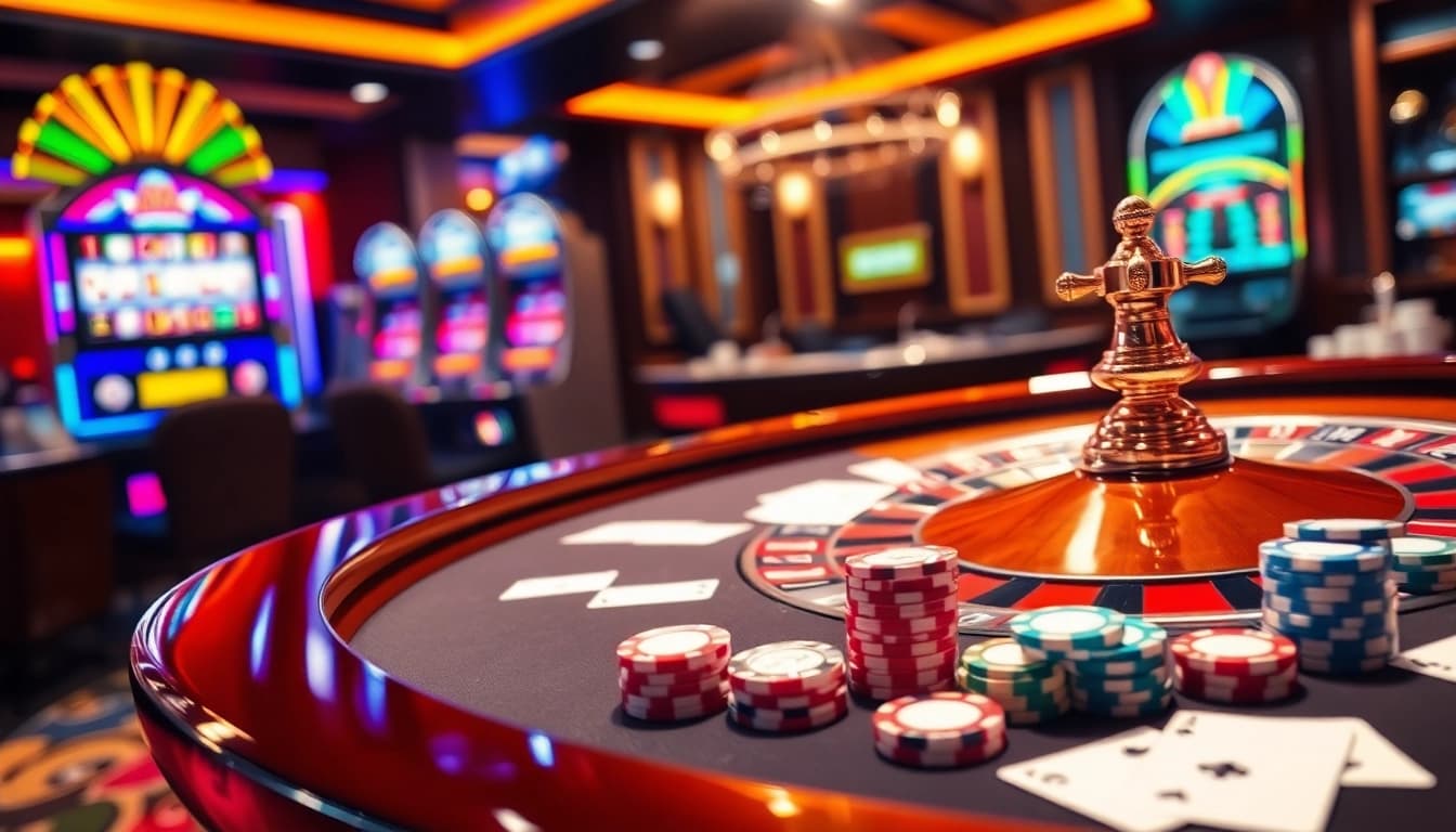 Dynamic casino scene showcasing RR88 gameplay, featuring colorful chips, cards, and roulette.