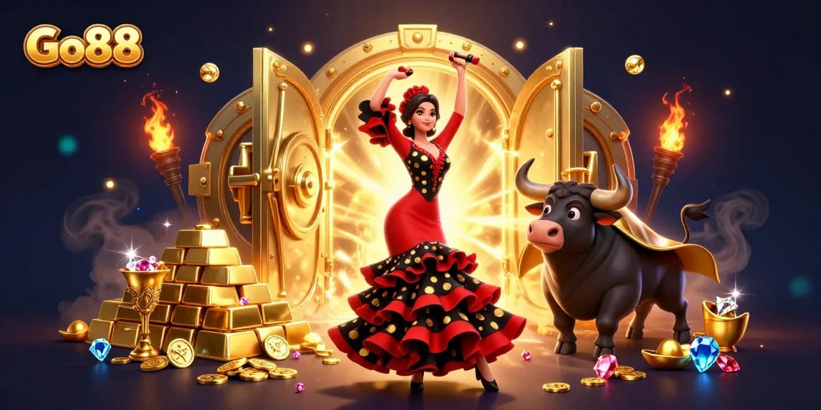 Engage with Go88's vibrant casino world featuring a flamenco dancer and treasure vault.