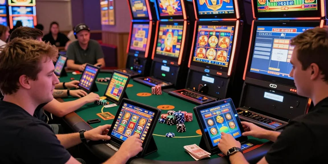 Slot players engaged in exciting online slot games with vibrant visuals and supportive atmosphere.
