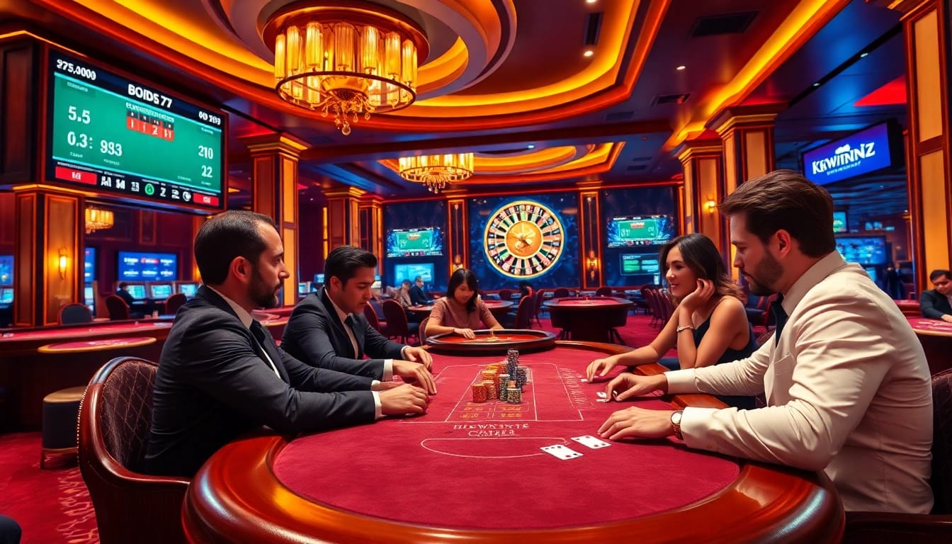 Engaging players at a poker table in a luxury casino environment showcasing https://kkwinzz.com/.
