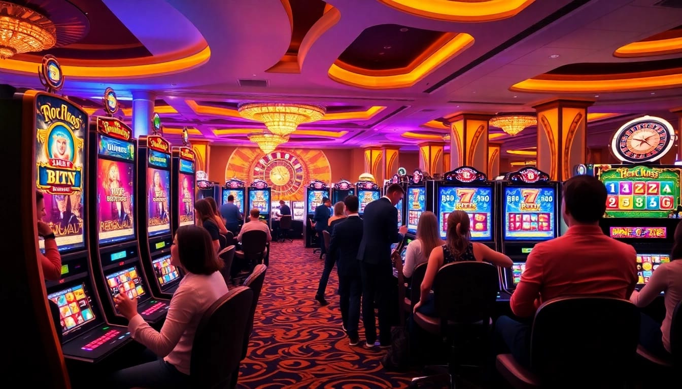 Engage with high RTP Pragmatic Play slots at a luxurious casino, showcasing colorful machines and vibrant atmosphere.