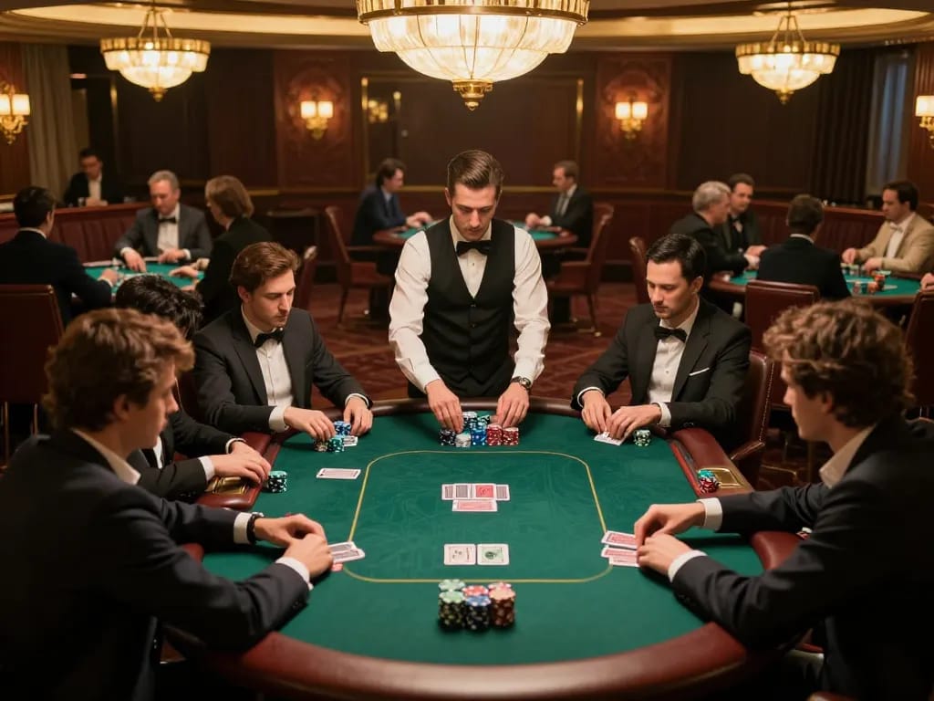 Engaged players strategizing during a poker game at an upscale venue, thehiddenwiki links offering insights into serious gambling.