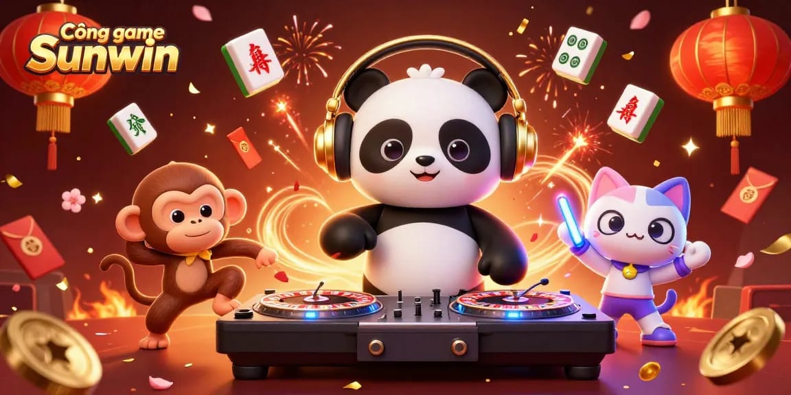 Cổng game Sunwin features a vibrant DJ panda and lively characters celebrating with casino elements.