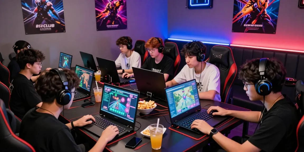 Exciting gaming atmosphere at https://b52club.radio.fm/ with players immersed in vibrant online games, modern setup, and energetic vibe.