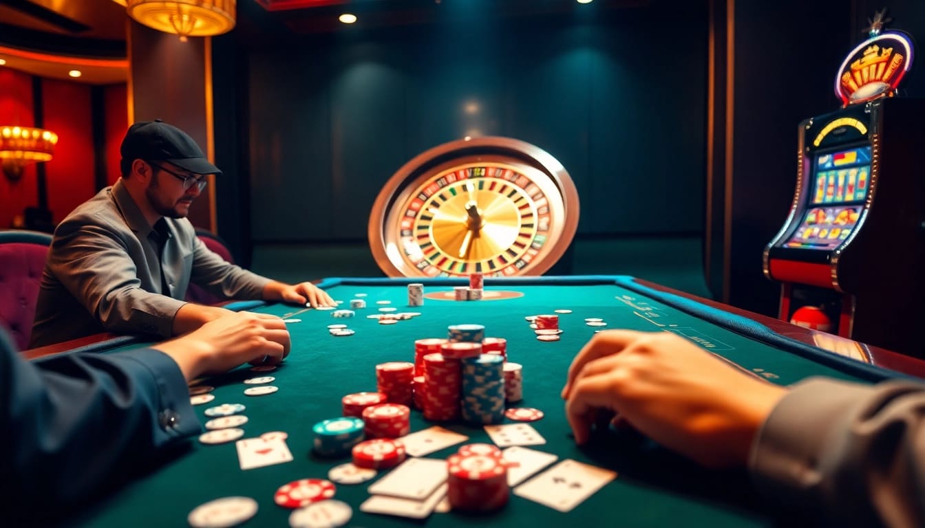 High-stakes poker table at jun88 com with vibrant chips and casino atmosphere.