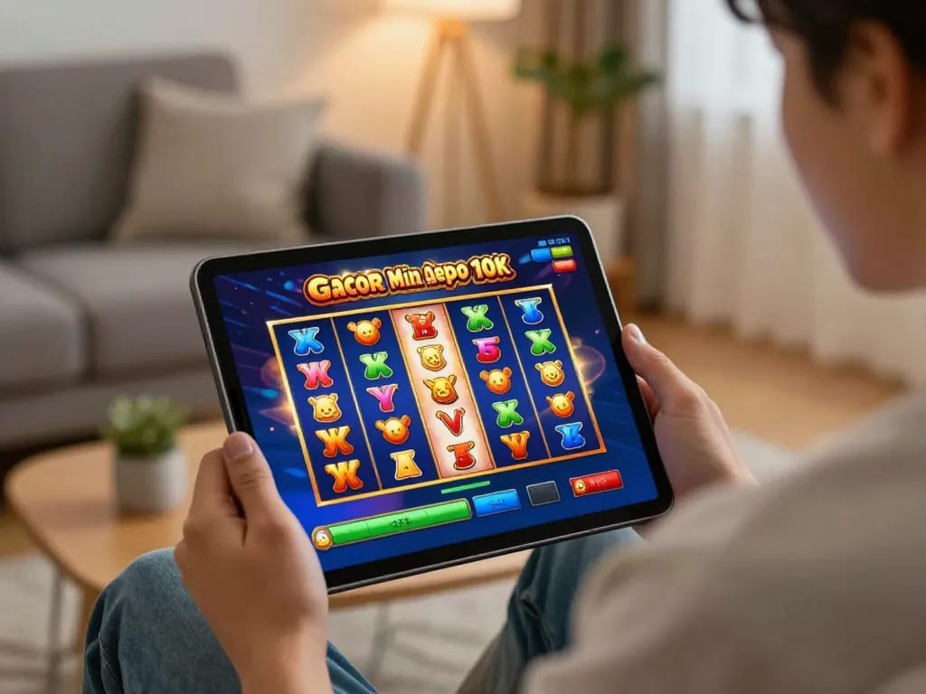 Engaging online gameplay on a tablet displaying slot gacor min depo 10k, set in a cozy living room.