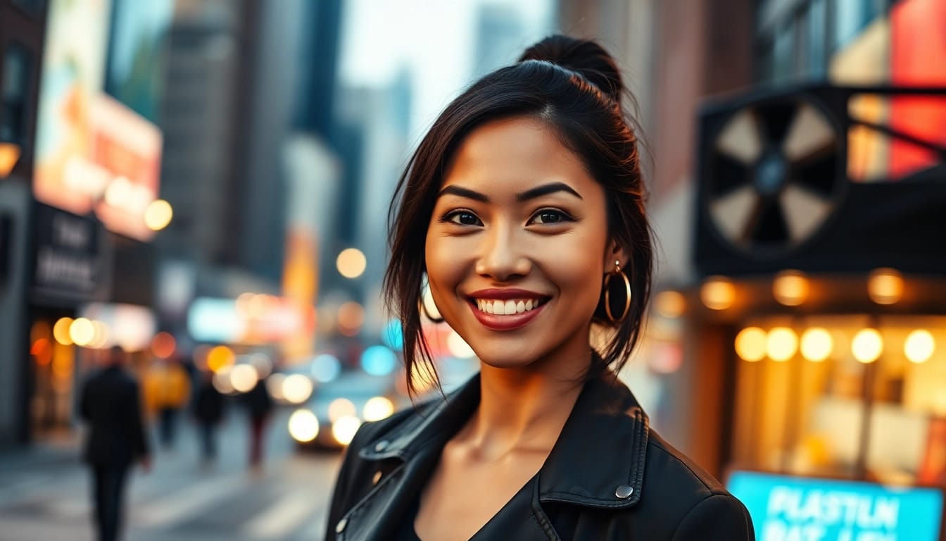 Showcasing Nicola Coughlan's vibrant spirit on https://diknews.co.uk/nicola-coughlan/ with a lively city backdrop.