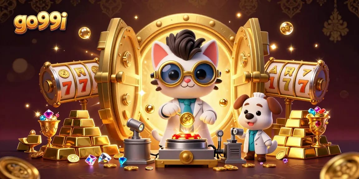 Experience the thrill of winning with go99i's vibrant casino illustration showcasing a mad scientist cat and assistant.