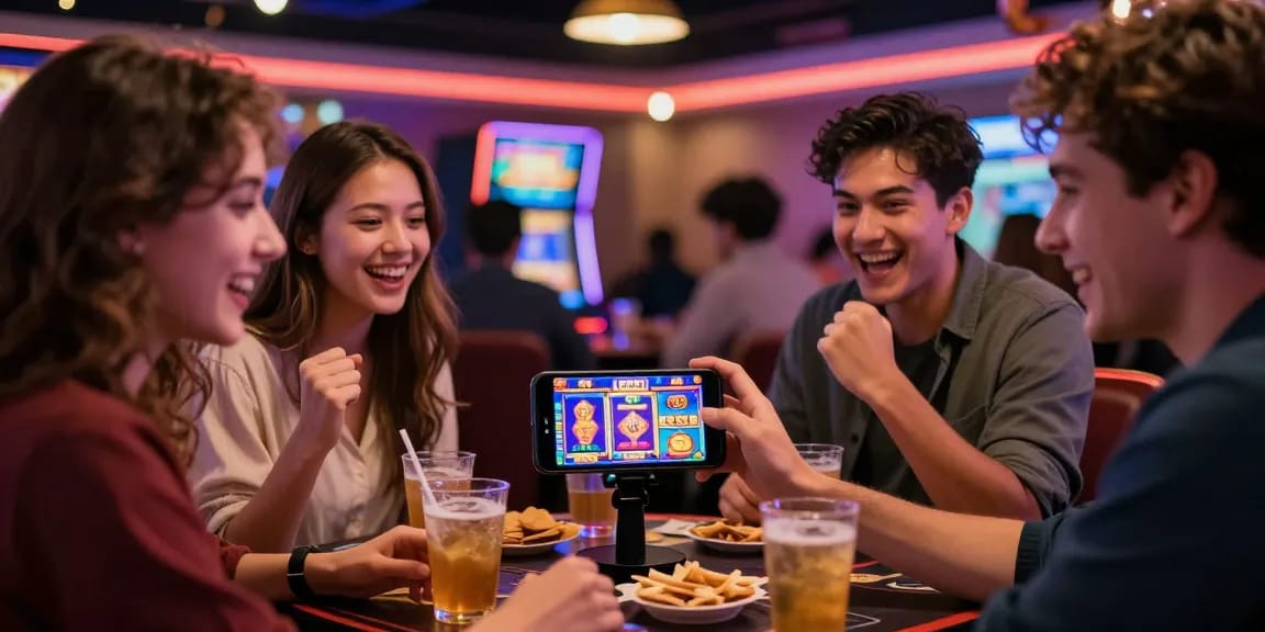 Friends enjoying apk slot game on smartphone in vibrant casino atmosphere.