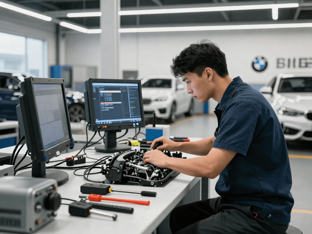 Professioneller Service in der BMW Werkstatt Hannover, Mechaniker arbeitet an einem Motor mit modernem Equipment.