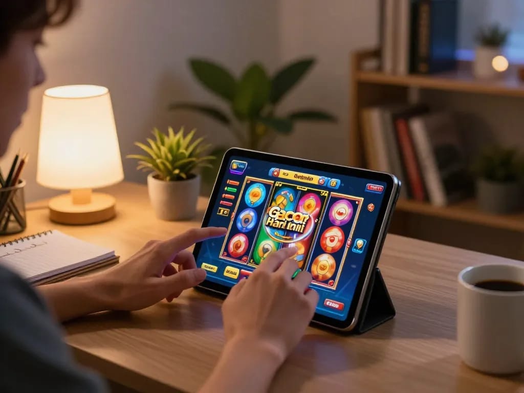 Engaging with slot gacor hari ini on a tablet during a cozy home gaming session, showcasing strategic betting.