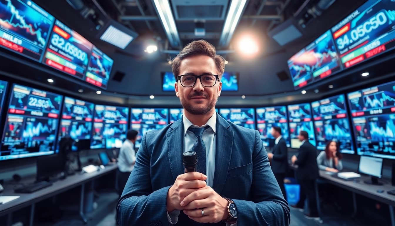Engage with the latest business news updates while capturing the essence of a bustling newsroom.