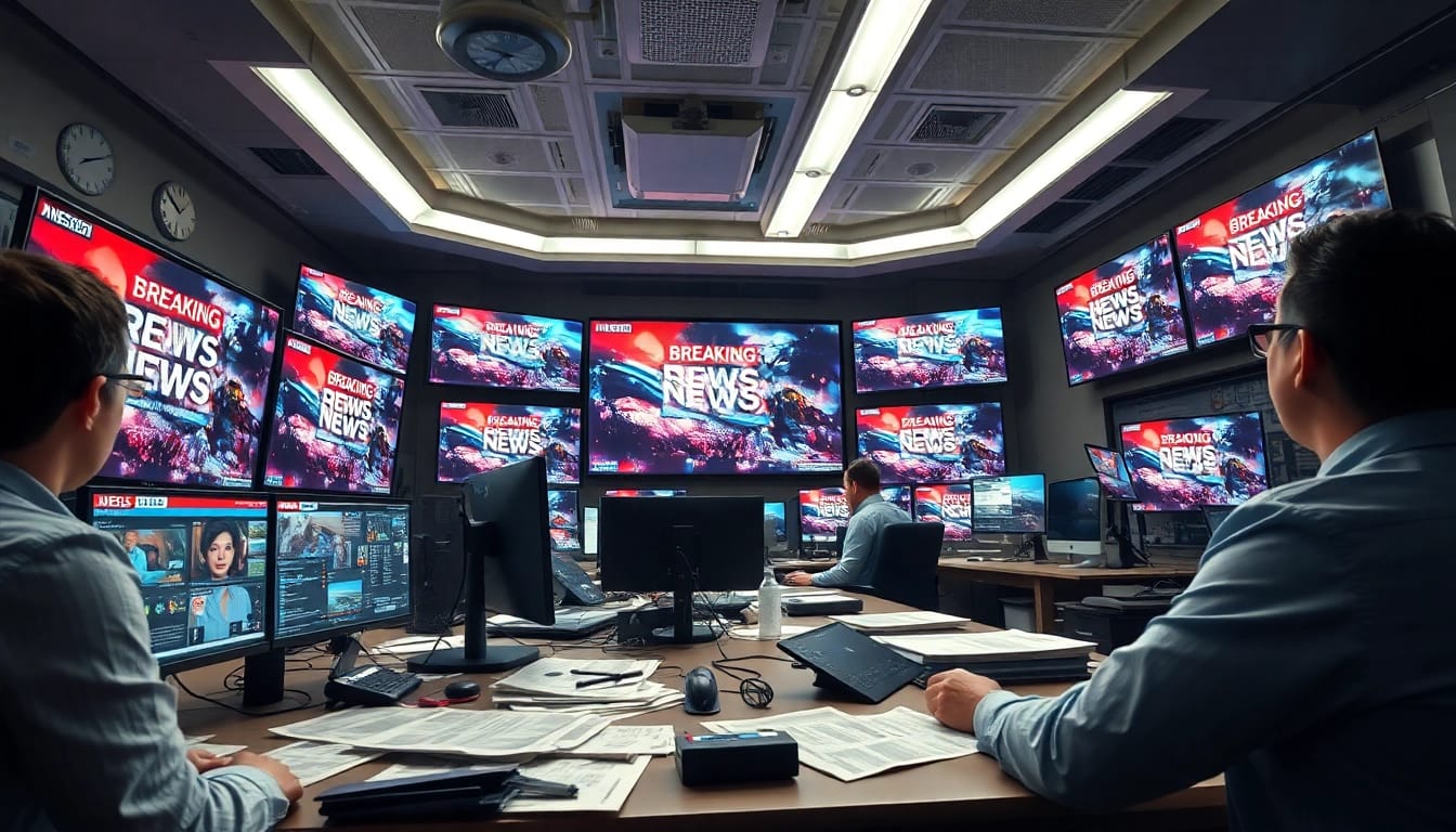 Cover the latest news updates at https://news-parade.com.ua through a busy newsroom scene.