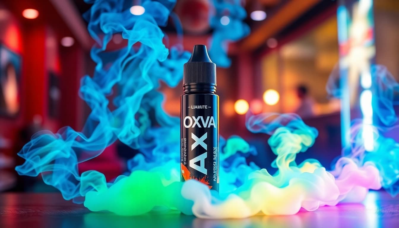 Oxva Liquid Flasche umgeben von bunten Dampfwolken in einer modernen Rauchlounge.