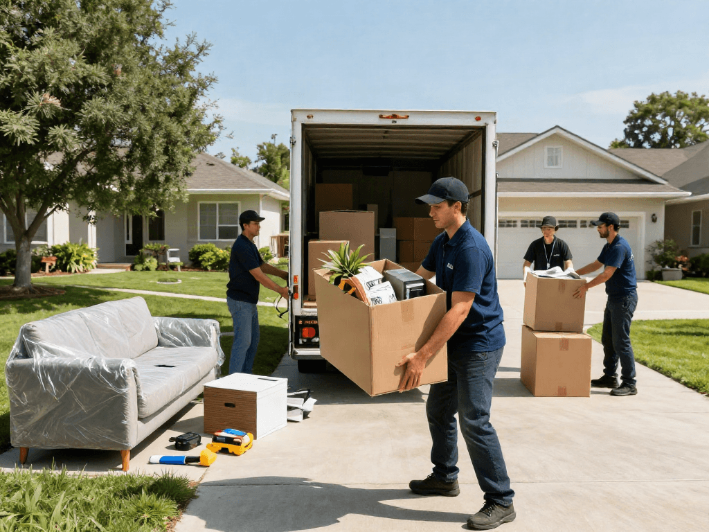 Professional movers efficiently loading boxes in a suburban setting.