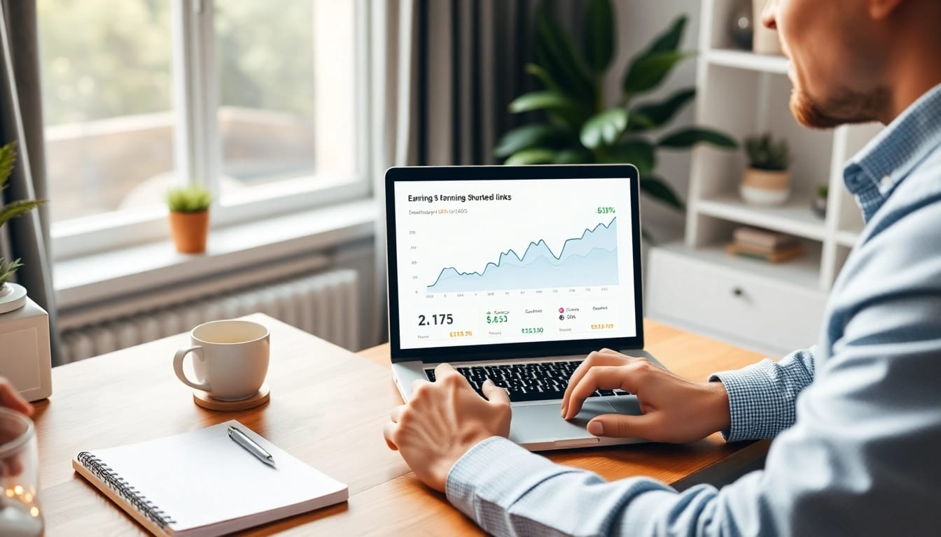 Earn money on short links by analyzing earnings displayed on a laptop in a bright office.