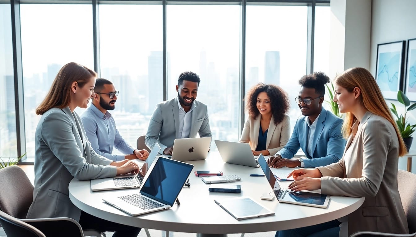 Engaged team discussing business strategies in a modern office environment.