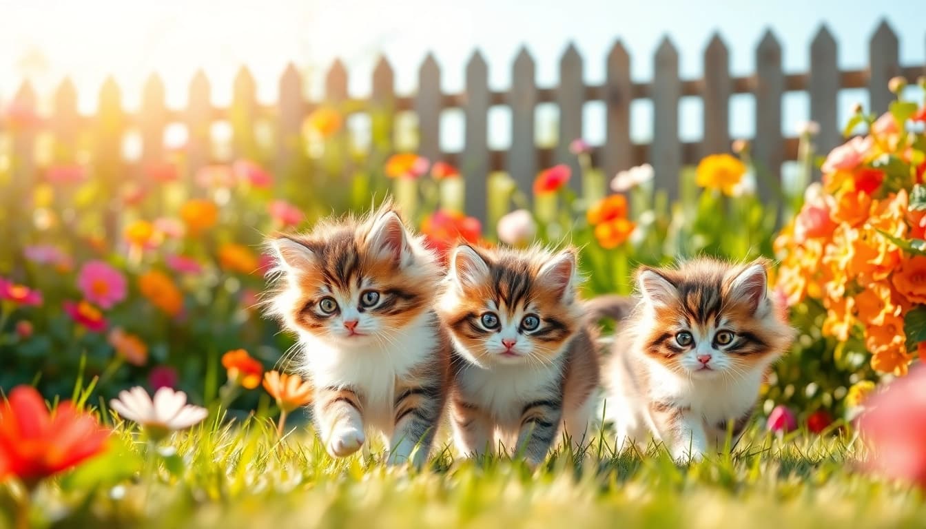 Maine Coon kittens for sale California playing in a beautiful garden filled with flowers.